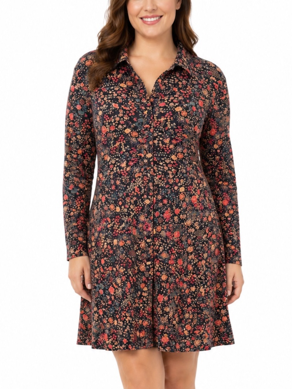 Peruvian Connection Floral Shirt Dress L Pima Cotton Modal Jersey Stretch